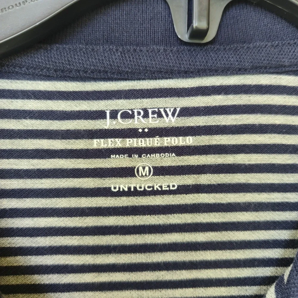 J. Crew Flex Piqué Polo Shirt Mens Medium M Navy Blue Gray Striped Untucked Fit